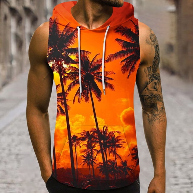 Cameland Men's Hooded Tank Top 3D Non Positioning Sunset Tree Print Sleeveless Head Drawstring Pocket Tank Top Casual T-Shirt Top