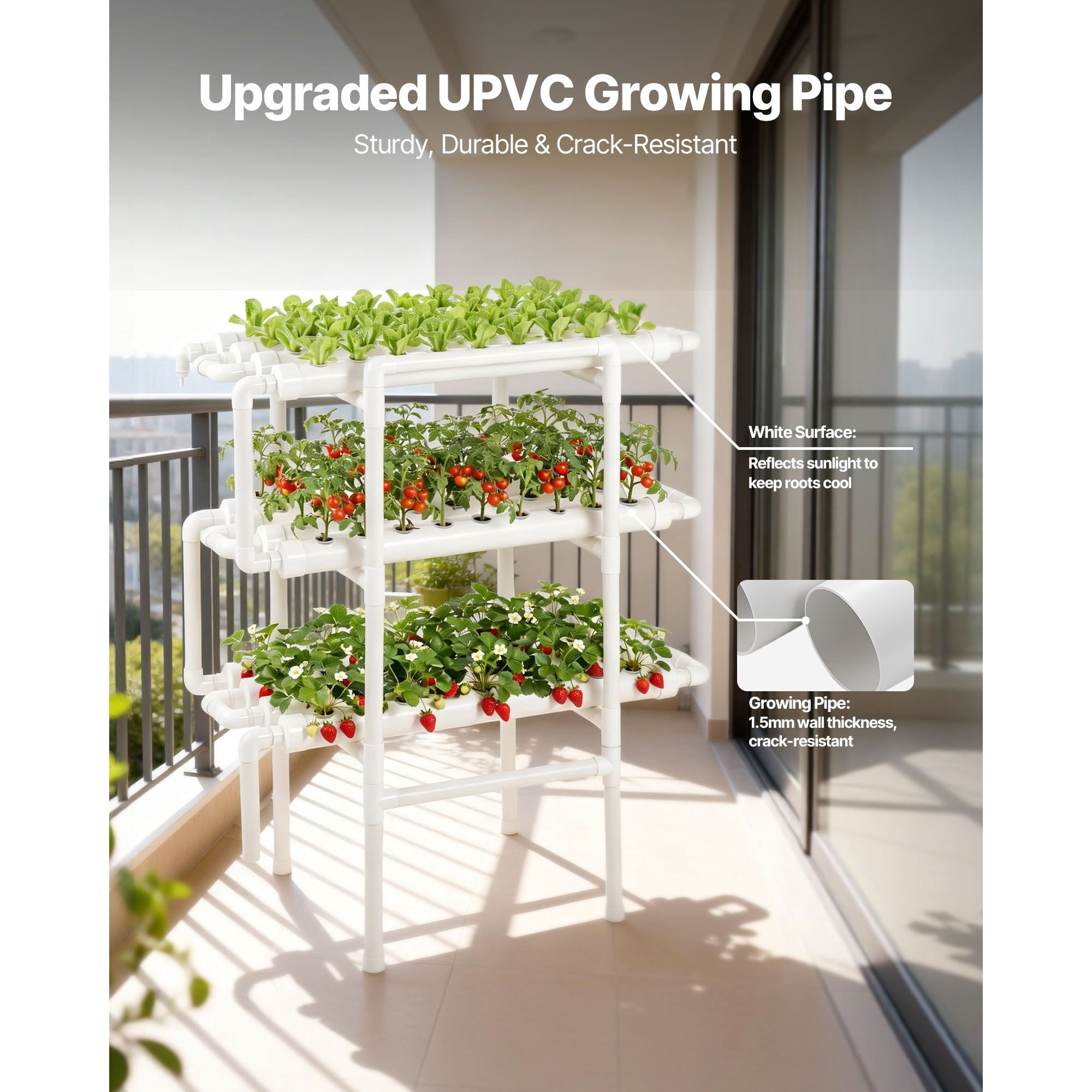 3-Tier 108 Site UPVC Pipe Hydroponic Grow Kit with Timed Irrigation, Indoor System for Vegetable Fruit Herb