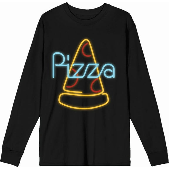 Neon Pepperoni Pizza Sign Black Adult Crew Neck Long Sleeve Tee-Medium