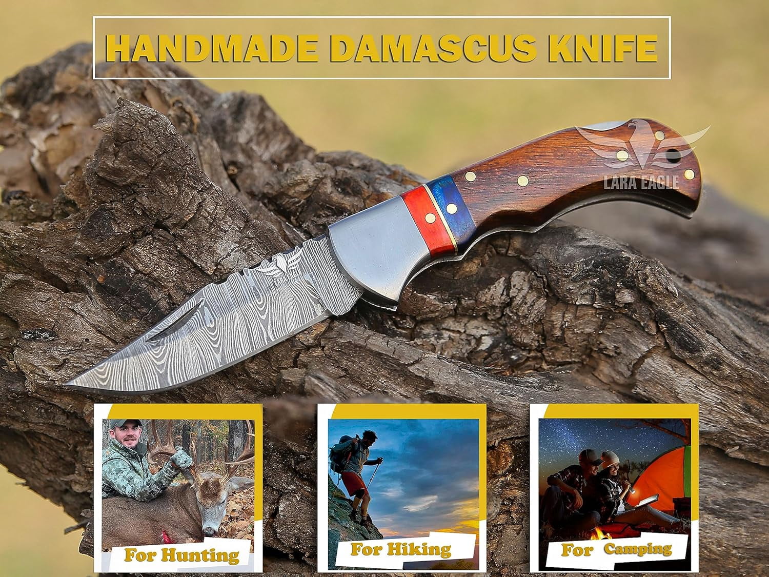 Personalised Damascus Pocket Knife for Men - 133 Layer Solid Steel Handmade Folding Hunting Knives with Sharpner and Leather Pouch - Best Knife for Camping Hunting Hiking