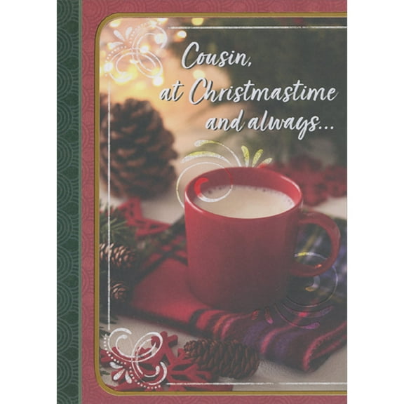 Designer Greetings Red Mug on Red, Pink and Purple Towel Near Pine Cones Photo Christmas Card for Cousin