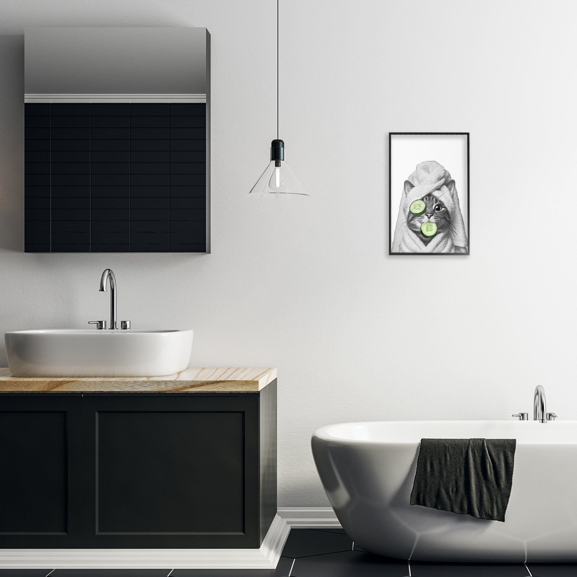 Stupell Industries Spa Bath Day Cat Typography Painting Black Framed Art Print Wall Art, 12 x 18
