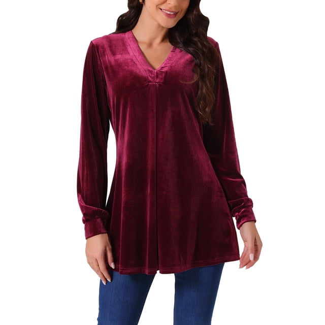 BLUSA DE VELVET PARA MUJER INSPIRE CHIC CON CUELLO EN V Y MANGAS LARGAS, AJUSTE HOLGADO, T-SHIRT XL ROJO VINO