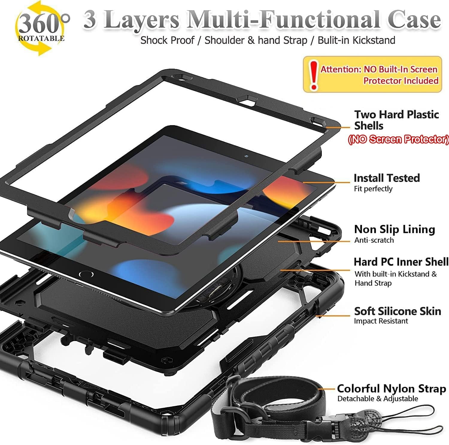 SUPNICE iPad 9th/8th/7th Generation Case,iPad 10.2 Case for kids, Shockproof [360 Rotating Stand] [Hand Strap] [Pencil Holder] Case for New iPad 9th Gen, iPad 10.2 Inch 2021/2020/2019,Black
