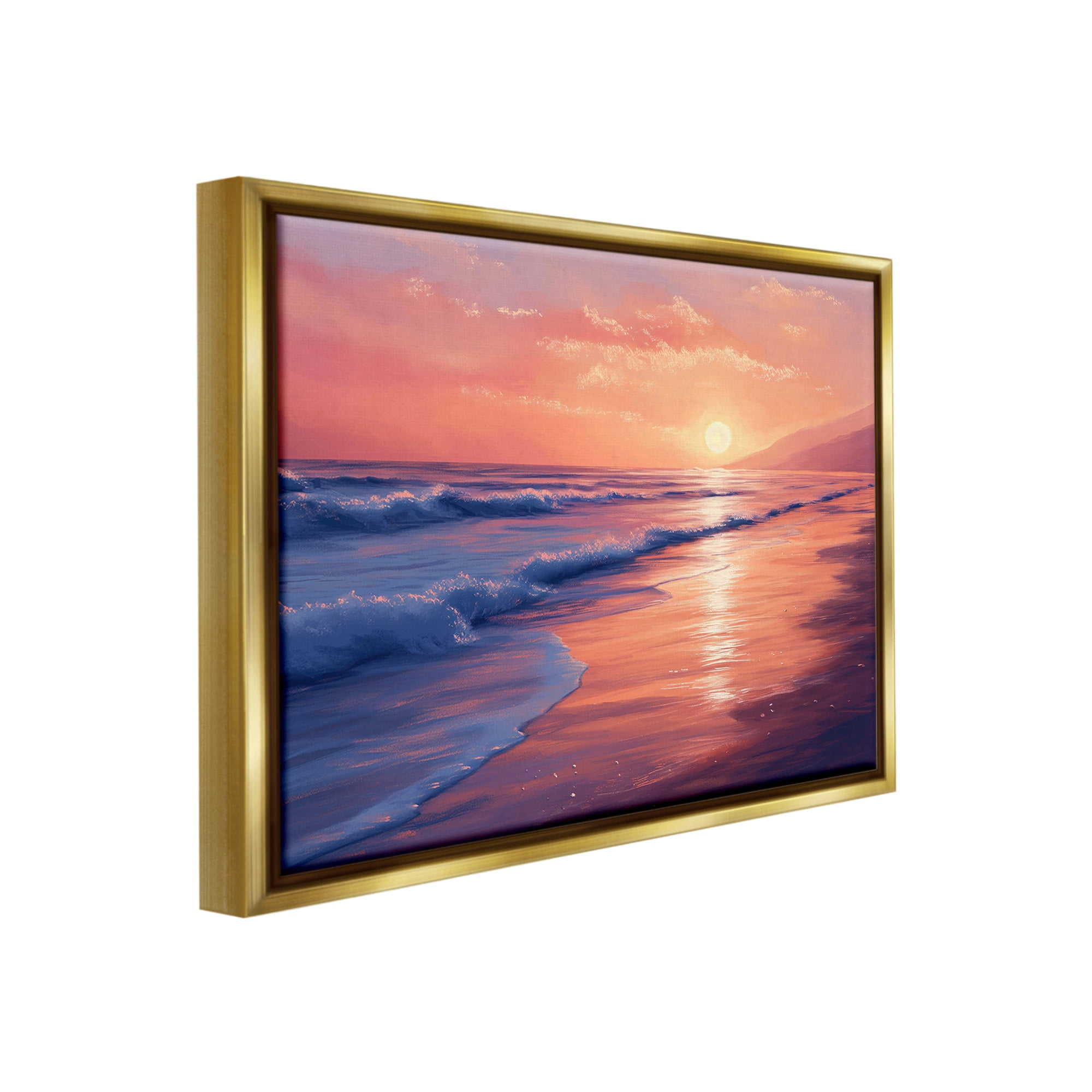 Stupell Industries Sunset over Beach Waves Landscape Photography Gold Floater Framed Canvas Art Print Wall Art, 31 x 25
