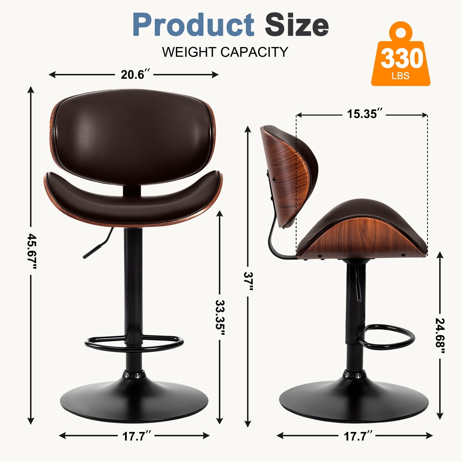 CONCETTA Swivel Bar Stool Set of 2 Pack, Adjustable Height, PU Leather Seat with Anti-slip Rubber Base, Brown