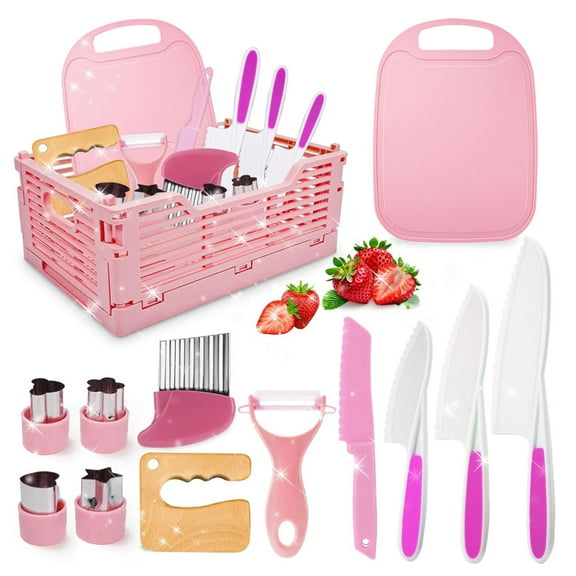 Toddler Knife Set for 1 2 3 Kids Kitchen Knife Set for Real Cooking & Basket, Easter Basket Stuffers Gifts,Montessori Toys for 3 4 5 6 7 8 9 10 Year Old Girls Birthday Gifts, Toddler Kitchen Tools