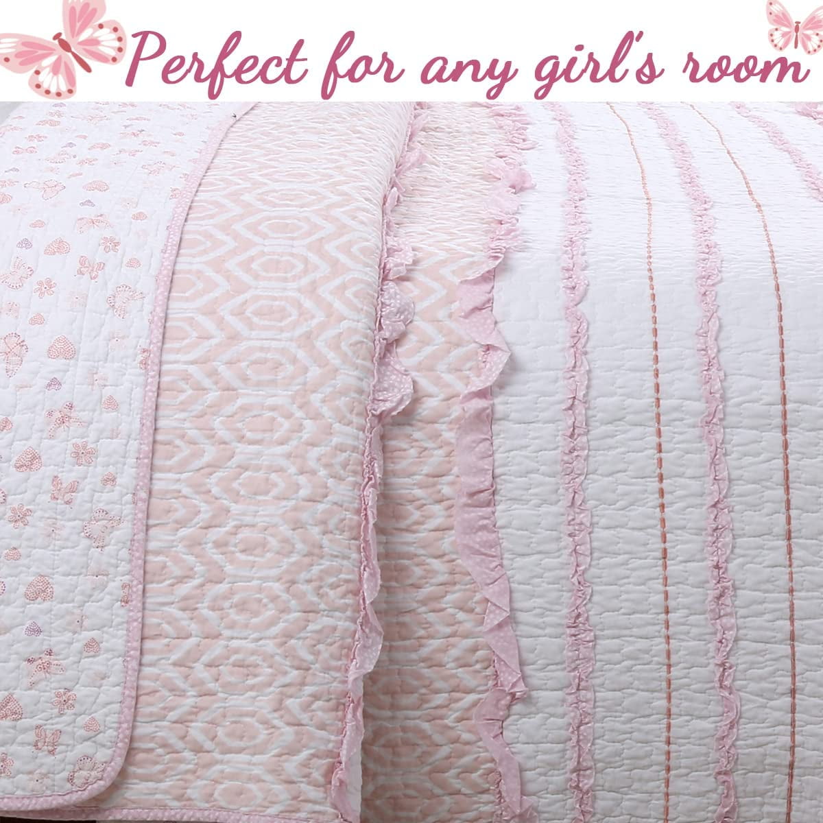 Cozy Line Home Fashions Pink Princess Ruffle Stripe 100% Cotton Girls Reversible Bedding Quilt Set (Pink Princess, Twin - 2 Piece)