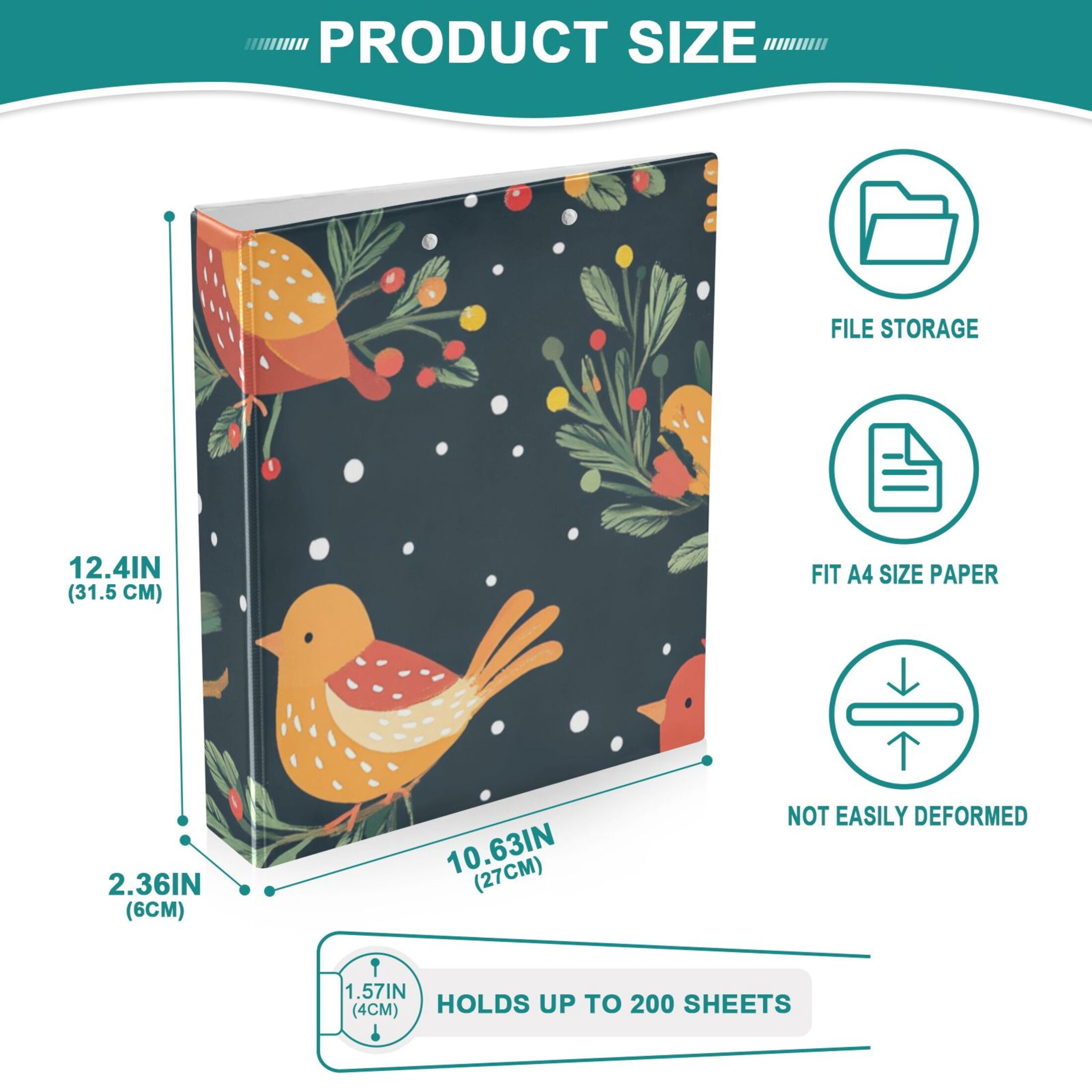Christmas Birds Leaves 3 Ring Binders 1.5 inch Hardcover File Folders with Interior Pockets A4 Size Organizer for School Office Hospital
