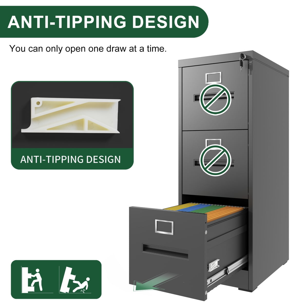 3-Drawer Lockable Metal Vertical File Cabinet - Narrow Design for A4/Legal/Letter Sizes (Home/Office)