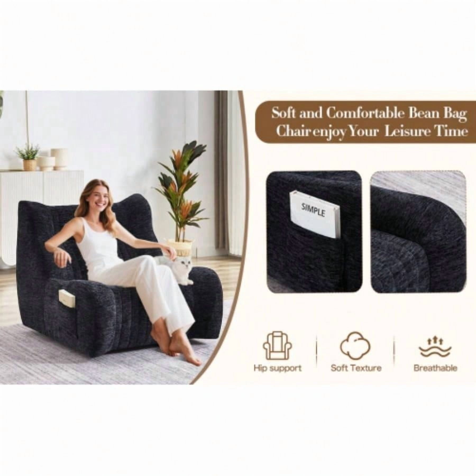 Bean Bag Chair Adults with Armrests - Oversized Comfy Beanbag Lounge Lazy Floor Sofa Accent Chair Living Room, Bedroom Black