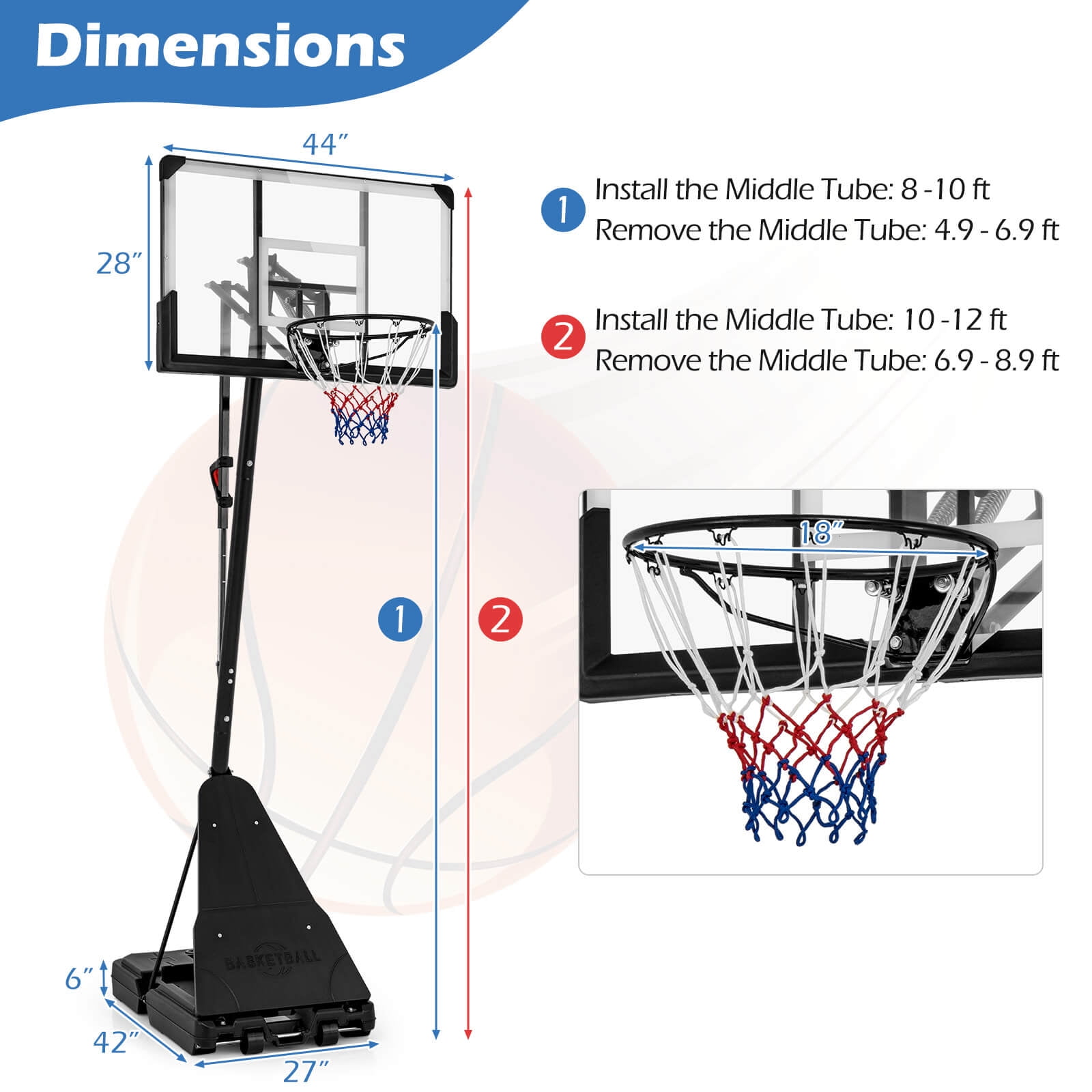Infans 4.9-10 FT Basketball Hoop System with 44 Inch Shatterproof Backboard  w/Wheels