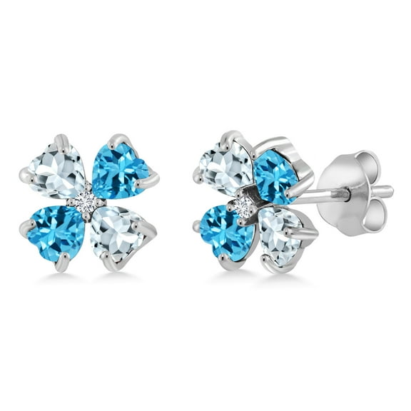 Gem Stone King 925 Sterling Silver Sky Blue Aquamarine Swiss Blue Topaz and White Lab Grown Diamond Earrings for Women | 2.35 Cttw | Gemstone March Birthstone | Heart Shape 4MM