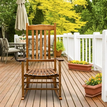 BaytoCare Wooden Indoor / Outdoor High Back Slat Rocking Chair - Wood Chair for Garden, Patio, Yard, White