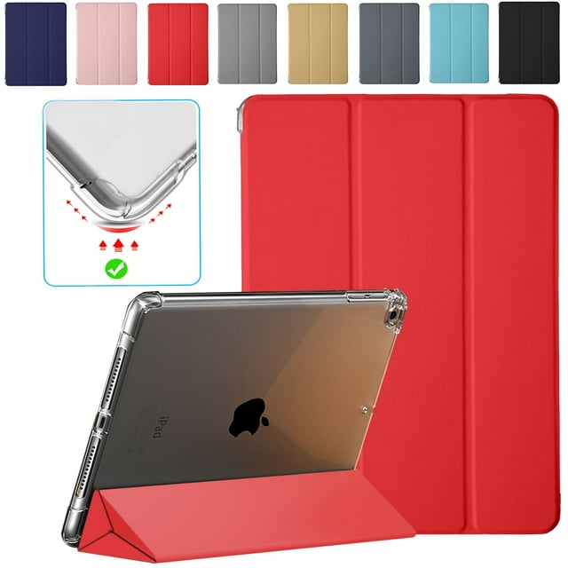 DuraSafe Cases For iPad 5th / 6th Gen & Air 1st / 2nd Gen - 9.7" MRJN2LL/A MR7G2LL/A MP2F2LL/A MP2G2LL/A Ultra Slim Power Saving (Auto Sleep/Wake) Case with Clear Back - Red
