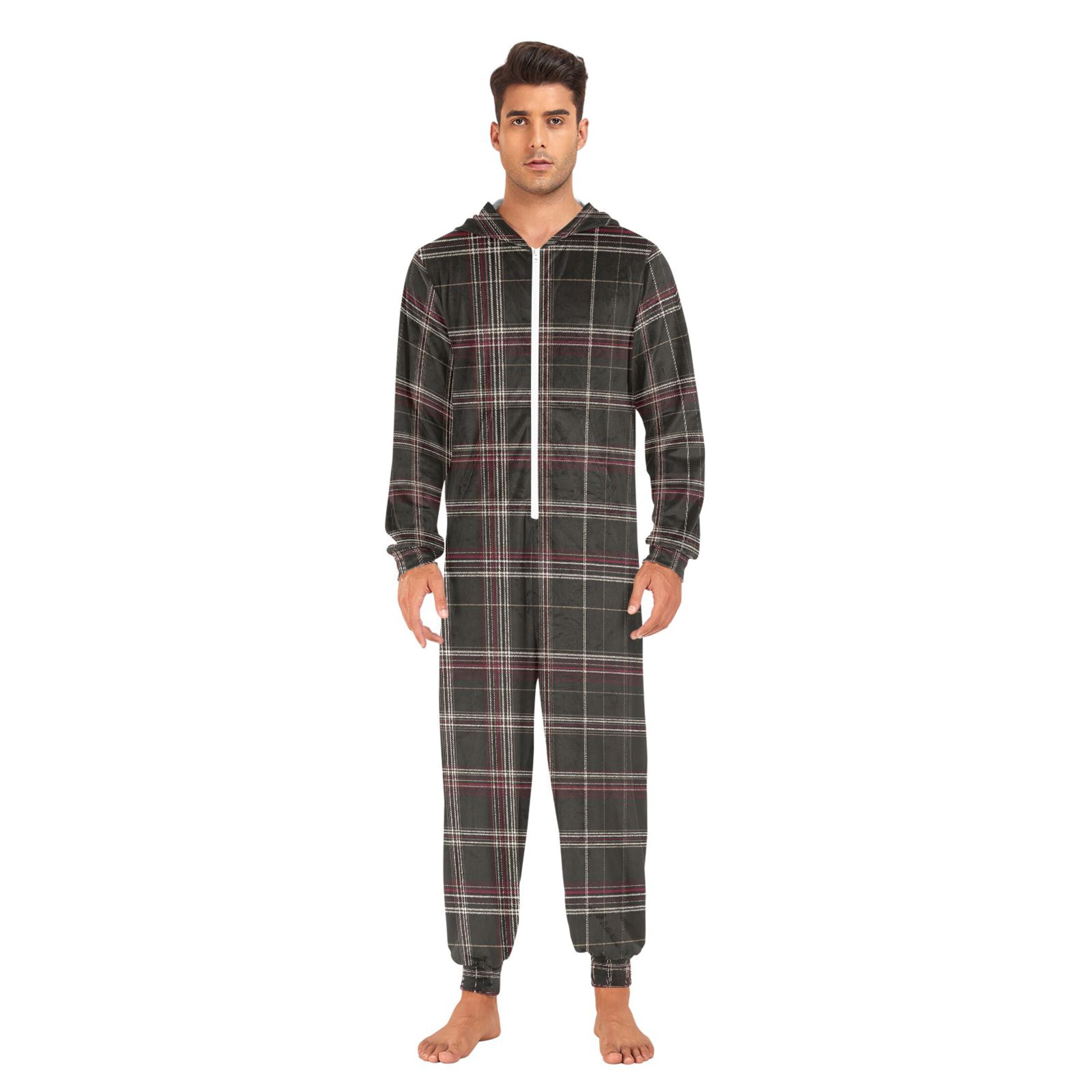 Adult Christmas Onesie Dark Brown Plaid Adult Zipper One-Piece Pajamas Unisex Pajamas with Pockets