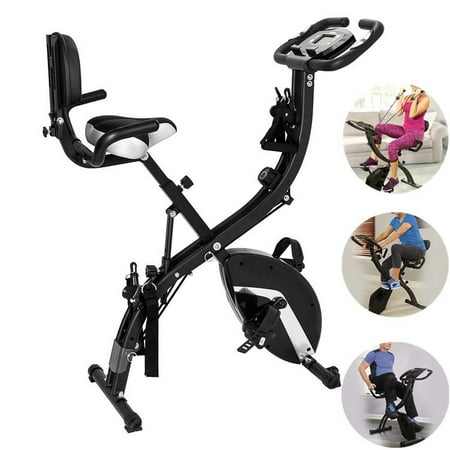 Spin Bike Tracker Folding Upright Exercise Bike with Arm Resistance Bands and Heart Monitor 3 in 1 Indoor Stationary Bicycle Cardio Fitness with LCD Screen Premium Home Gym Use Cycling Trainer Workout Equipment ()