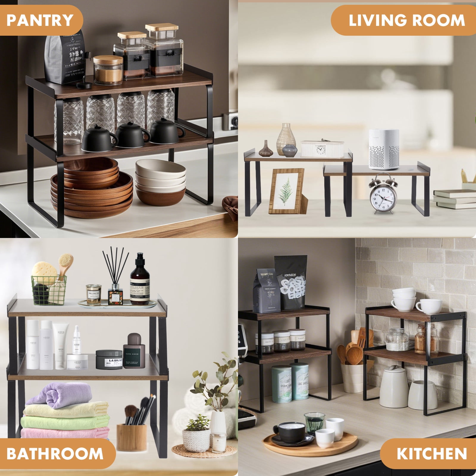YOYTOO Kitchen Counter Organizer, 2 Pack Wooden Stackable Kitchen Countertop Cabinet Storage Shelves Spice Rack for Pantry