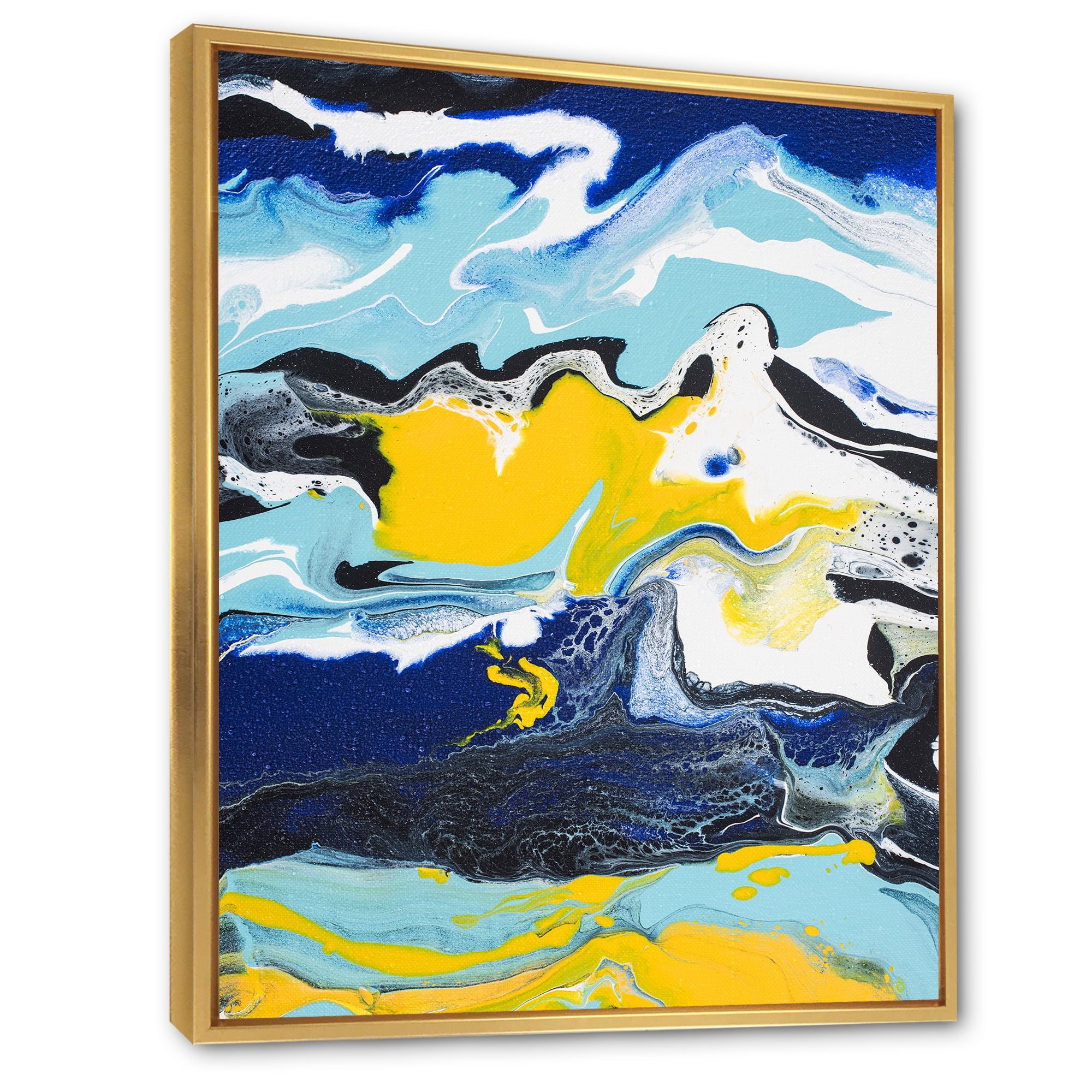 Abstract Marble Composition In Blue and Yellow II 12 in x 20 in Framed Painting Canvas Art Print, by Designart
