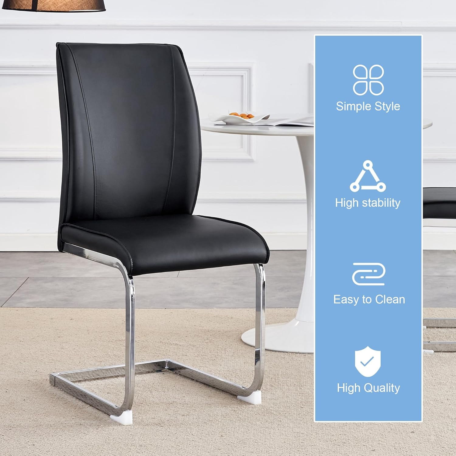 SUDICA Set of 4 Black PU Leather Dining Chairs, Modern High Back Upholstered Chairs with Chrome Metal Legs for Dining Room and Kitchen