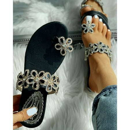 

Dpityserensio Women s Crystal Sandals Flowers Slippers Shoes Ladies Footwear Flat Beach Shoes Sandals for Women Black 8(39)