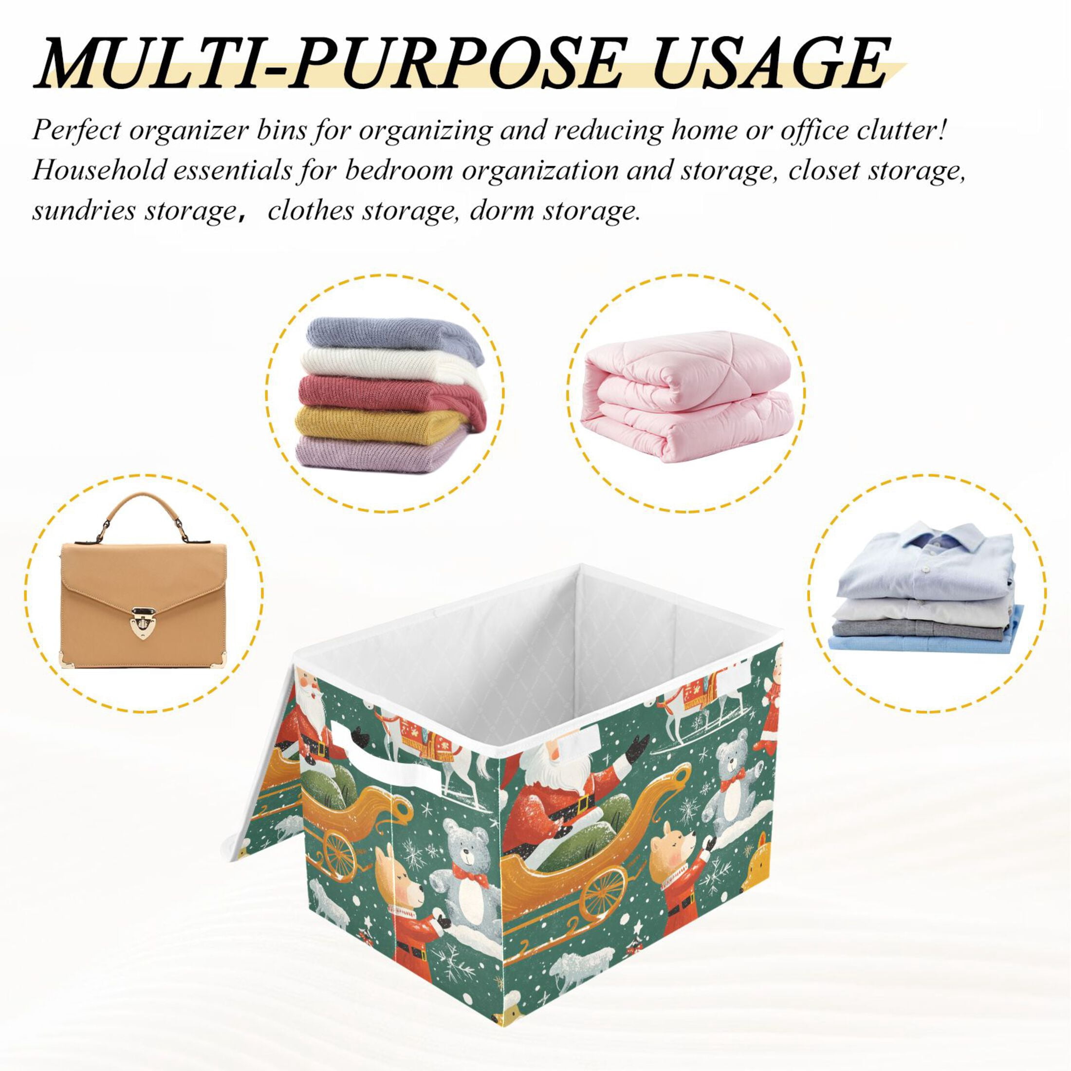 Cartoon Christmas Pictures Large Storage Bins with Linen Collapsible Lid Storage Box 16.7 x 12.6 x 11.8in