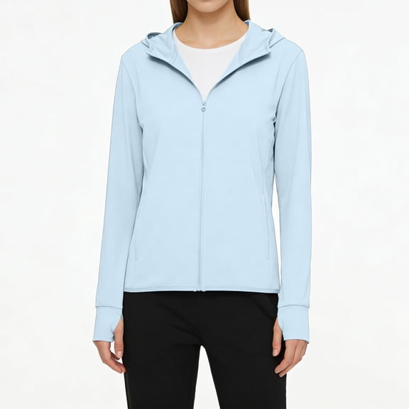 Garbnen M-4XL Sun Protection Jacket Long Sleeve Full Zip Hoodies Womens with Pockets Summer Camping Going Out Sun Shirt Women with Thumb Holes Blue XL