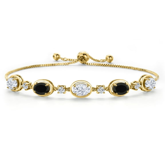 Gem Stone King 18K Yellow Gold Plated Silver White Moissanite and Black Onyx Bracelet for Women | 4.10 Cttw | Gemstone Birthstone | Oval 7X5MM | Fully Adjustable 9 inch