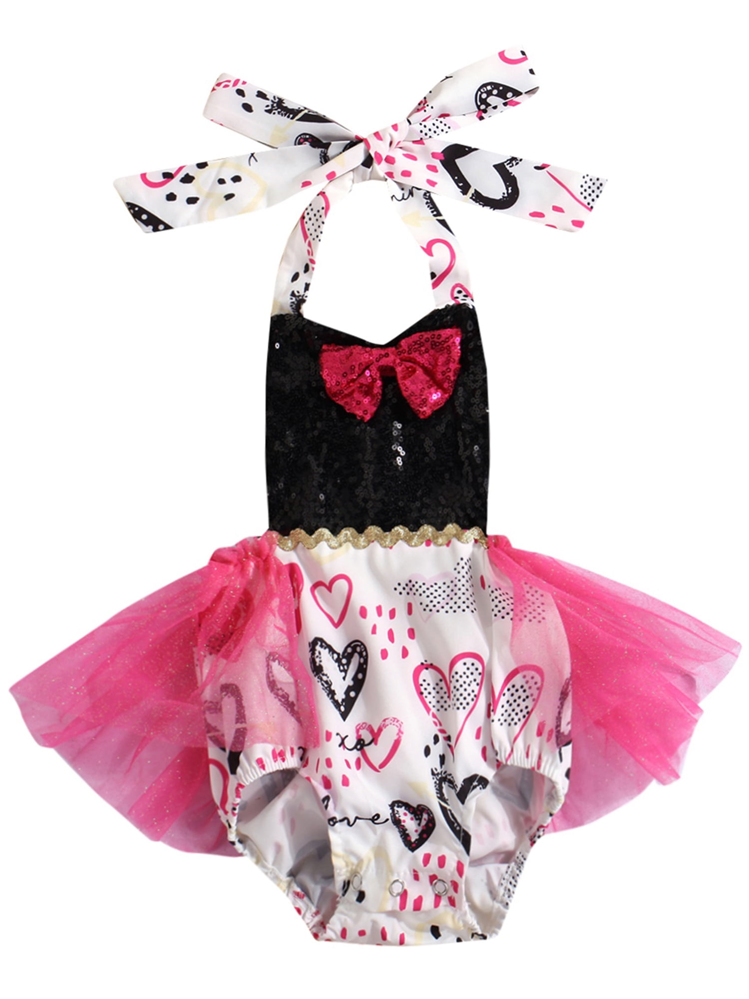 NEW Valentine's Day Baby Girls Heart Print Sequin Romper Dress & Headband 