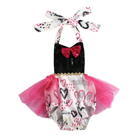 

Carolilly Baby Girls Backless Romper Black Heart Print Halter Neck One-piece