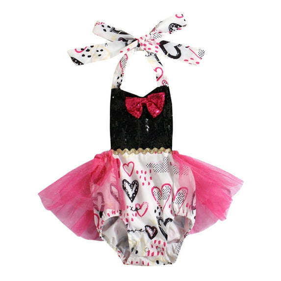 Qmyliery Baby Girls Backless Romper, Black Heart Print Halter Neck One-piece Gift