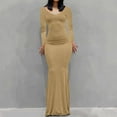 thumbnail image 2 of Ygbgbb Womens Fall Bodycon Dresses Long Sleeve Dresses Pleated Slim Waist Fishtail Maxi Dress Solid Color Round Neck Khaki L, 2 of 7