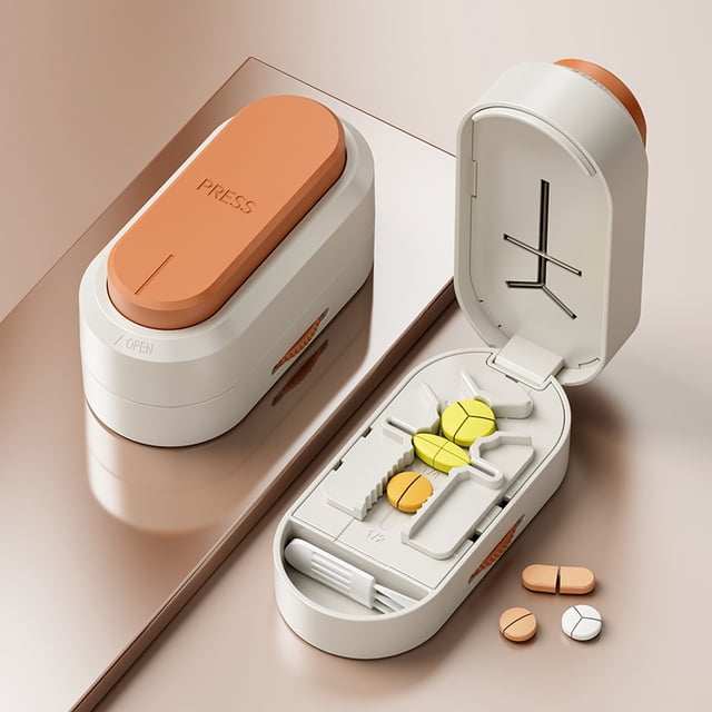 3-in-1 Pill Cutter & Grinder with Stainless Steel Blade, Portable Tablet Splitter & Medication Storage Organizer BoxWalmart,Orange-3 in 1