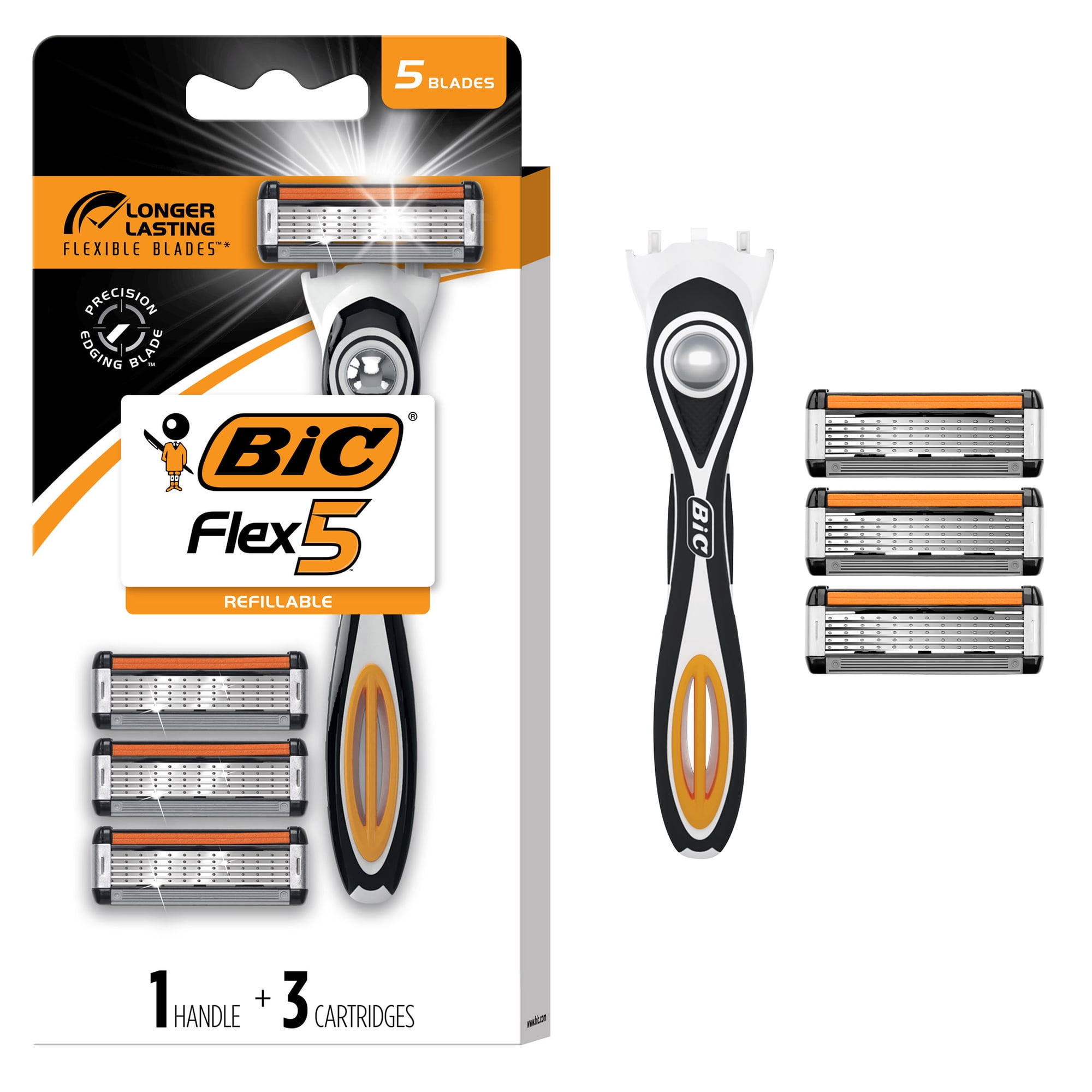 BIC Flex 5 Refillable Men’s 5-Blade Razors with 1 Handle, 3 Cartridges, Dorm Essentials