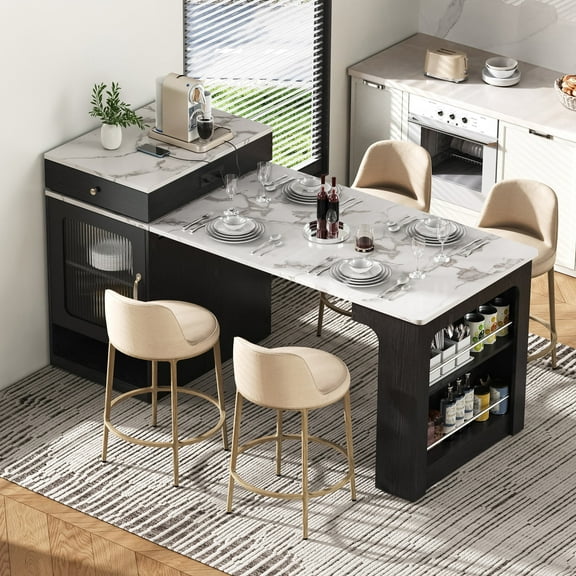 59.5" Kitchen Island with Extendable Dining Table, Kitchen Storage Table with Double-sided Storage, Kitchen Island with 2 Drawers, Power Outlet, Side Open Shelves, for Kitchen, Dining Room, Black