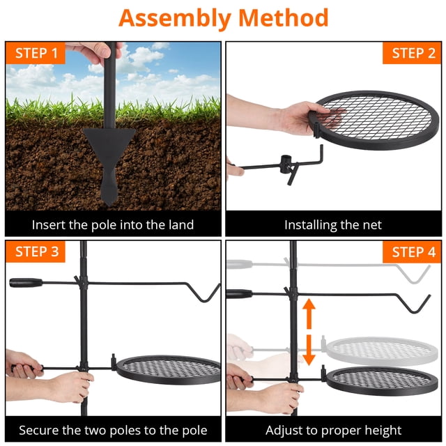 Kojooin Gril de Feu de Camp Robuste Pivotant à 360°, Grille de Cuisson en Acier à Hauteur Réglable avec Sac de Transport pour le Camping