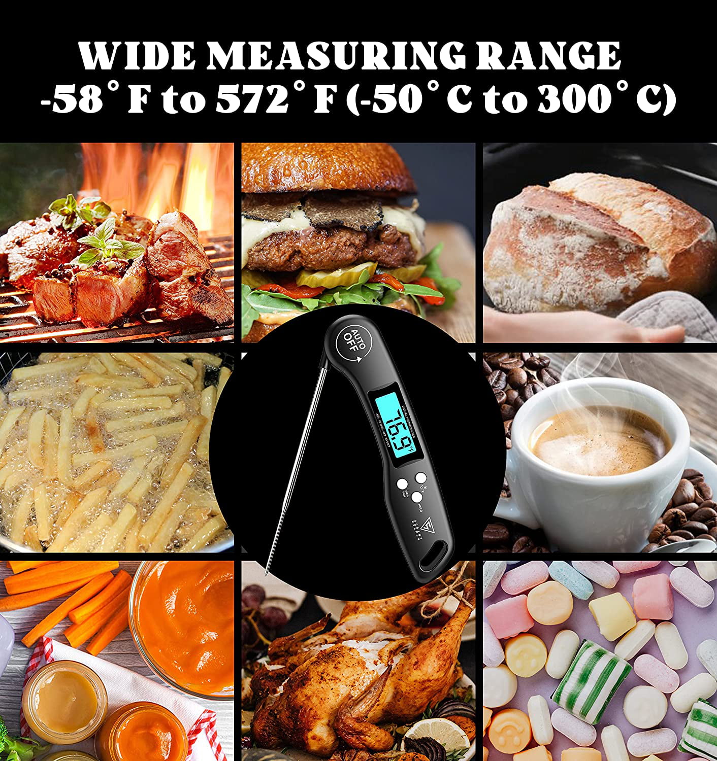 DOQAUS Termometro da Cucina Digitale, Termometro Alimentare con Lettura  Istantanea con Pieghevole Sonda Lunga, Termometro per Carne con LCD  Display