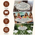 thumbnail image 7 of Beige Teal Boho Round Tablecloth, Fitted Table Cover with Elastic for 45"-54" Round Tables, Medieval Vintage Ethnic Floral Abstract Table Cloth Outdoor Indoor Dinning Party Waterproof Tablecloths, 7 of 7