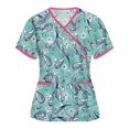 thumbnail image 1 of Pntutb Blusa de manga corta con cuello en V para mujer, uniforme de trabajo, estampado de patchwork, blusa con bolsillo Pntutb Pntutb-3565, 1 of 3