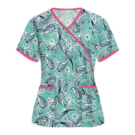 

HHei_K Women s Short Sleeve V-neck Tops Work Print Patchwork Pocket Blouse corset tops for women