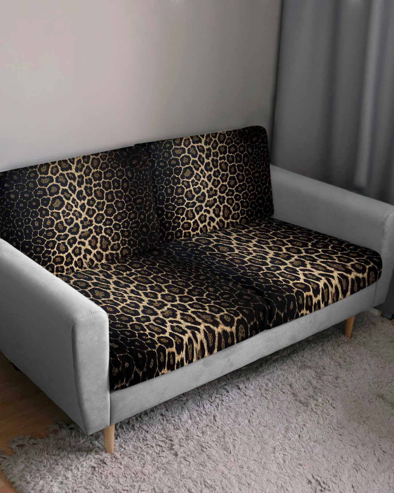 Leopard Print Couch Cushion Covers,Stretch Seat Cushion Covers for Sectional Sofa,Chic Abstract Black Brown Animals Texture Individual Sofa&nbsp;Slipcovers Furniture Protector Elastic Straps 1Pcs,S