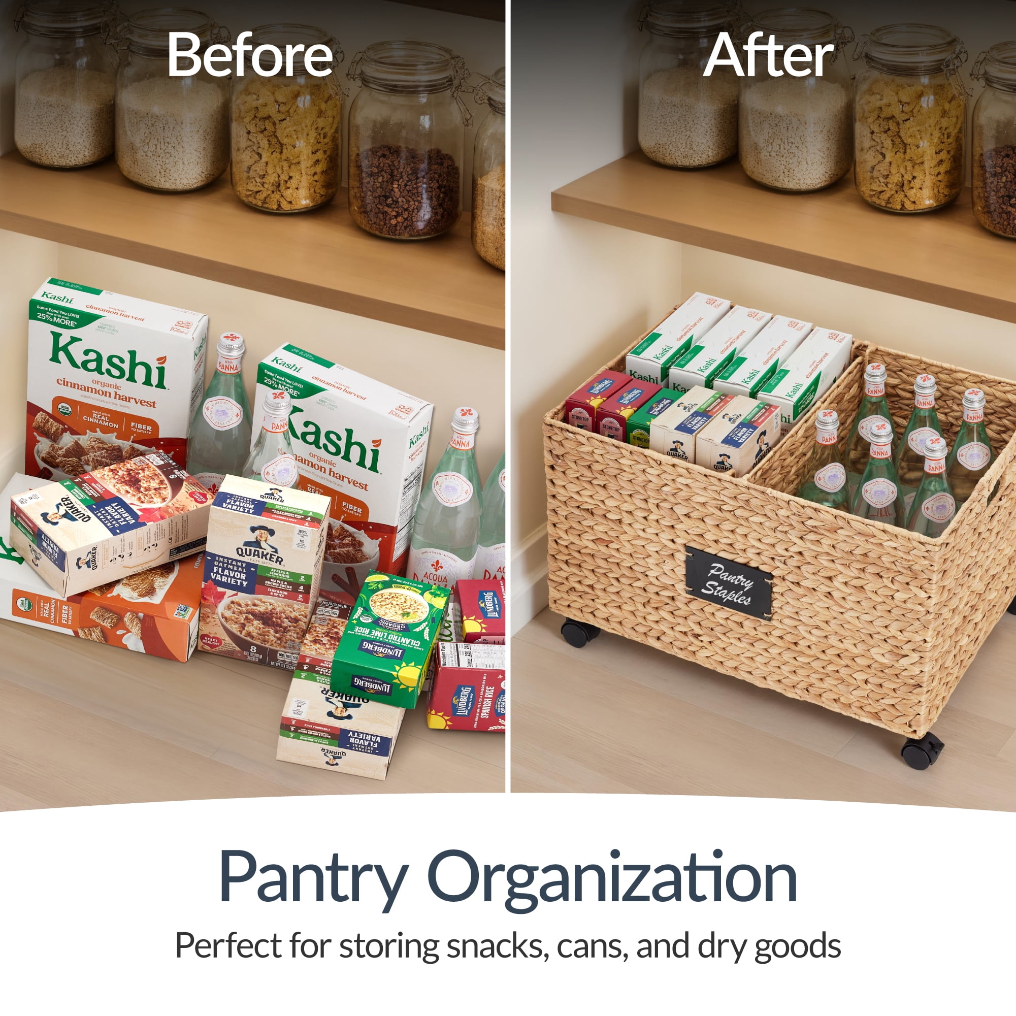Best Choice Products Rolling Pantry Storage Basket Organizer W/ Chalkboard Label, Handles, Removable Divider - Natural