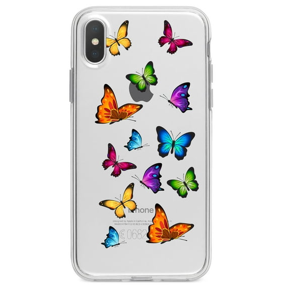 DistinctInk Clear Shockproof Hybrid Case for iPhone XS Max (6.5" Screen) - TPU Bumper Acrylic Back Tempered Glass Screen Protector - Rainbow Butterflies Butterfly