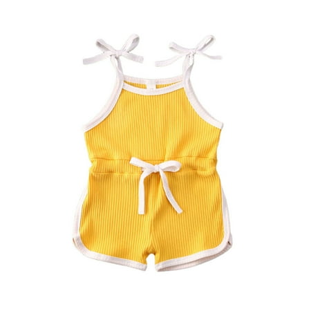 

LEVEFORDGirls Summer Sleeveless Romper Ribbed Knit Solid Color Lace-up Jumpsuit