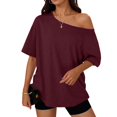 thumbnail image 4 of VJGBEGW Women Off The Shoulder Tops Oversized Short Sleeve Shirts Summer Casual Fashion Tees Wine XL, 4 of 9