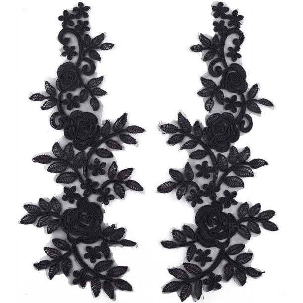 4 piezas de apliques de encaje floral con flores negras bordadas para coser, parches de tela para cuello con hojas de rosa