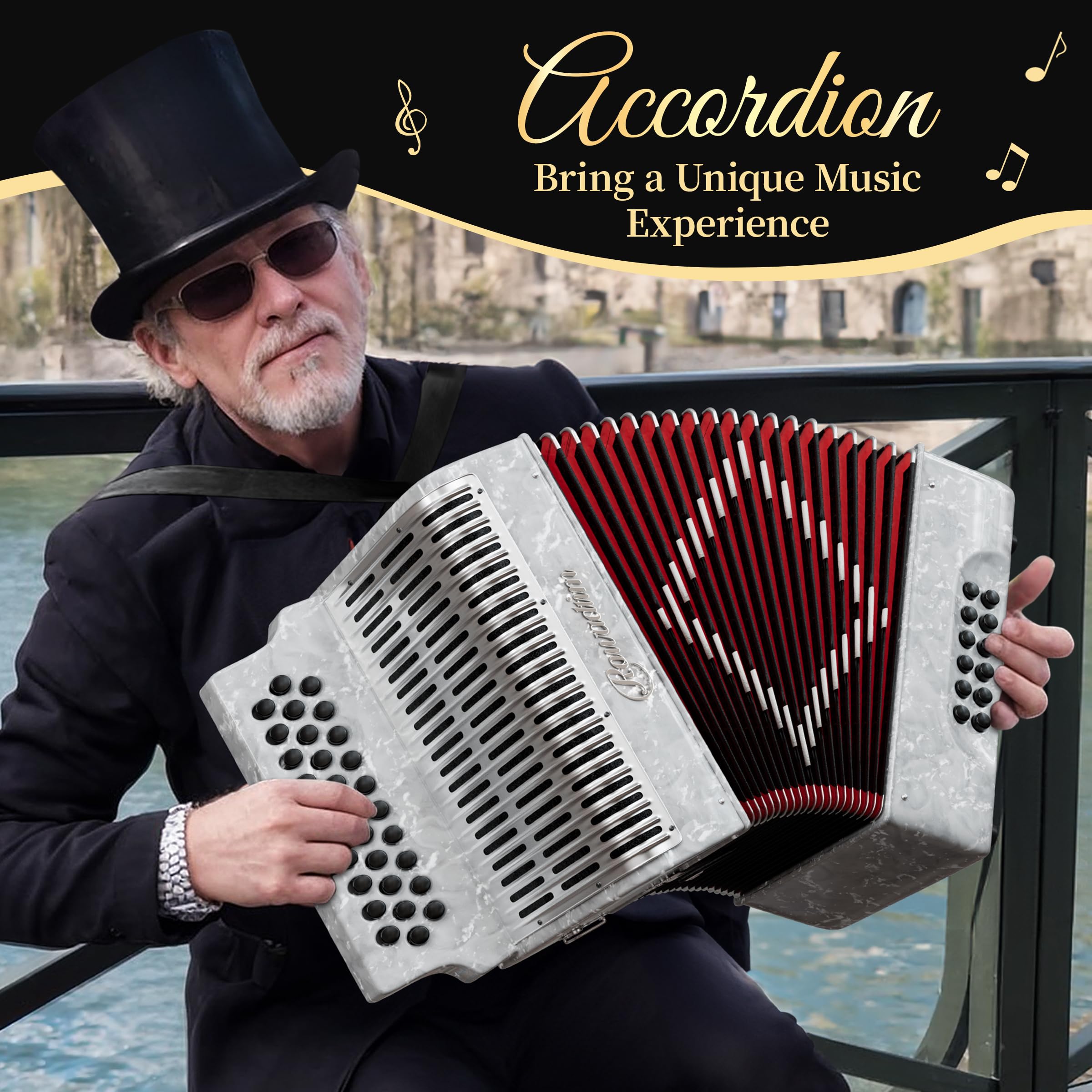 Accordion - 31 Key Diatonic, 12 Bass Buttons (G/C/F Tuning), Push-Pull Isochord Design, Beginner-Friendly Adult Set with Case, Gloves & Cleaning Wipes