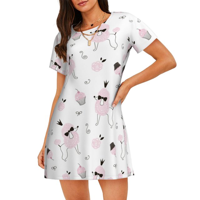Fotbe Cute Poodle Dog Bata de Dormir para Mujer con Estampado, Camisón de Algodón de Manga Corta, Ropa de Dormir Casual