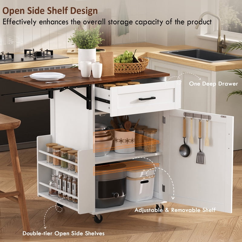 Farmhouse Small Kitchen Rolling Cart with Drop Leaf, Kitchen Island Storage Cabinet with Racks, Hooks, Drawer & Lockable Wheel