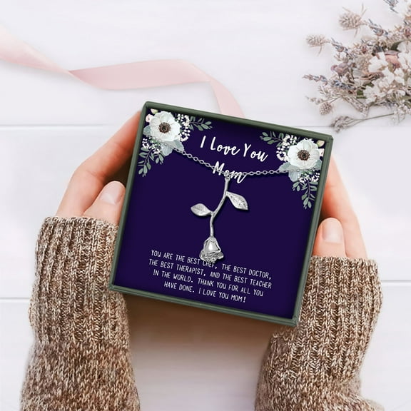 Anavia "I Love You Mom" Mother's Day Rose Necklace With Gift Card, Birthday gift for Mom from daughter [Silver]